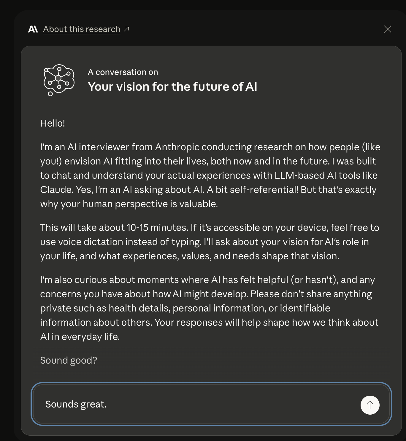 Screenshot of a research prompt in the Claude desktop app. A heading says, 'A conversation on
Your vision for the future of AI'. Below, the first message from the AI researcher starts (show in text after this image).