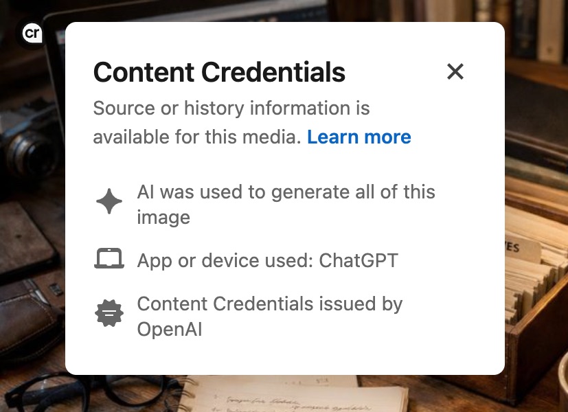 LinkedIn Content Credentials popup showing: AI was used to generate all of this image, App or device used: ChatGPT, Content Credentials issued by OpenAI